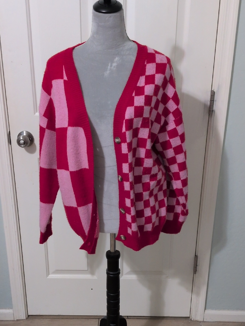Pink Checkerboard Button-Front Women's Cardigan Sweater